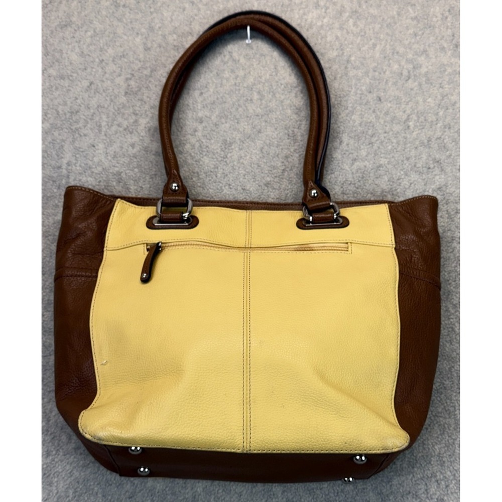 Tignanello Womens Shoulder Bag Yellow Brown Leather Zipper Multiple Compartments